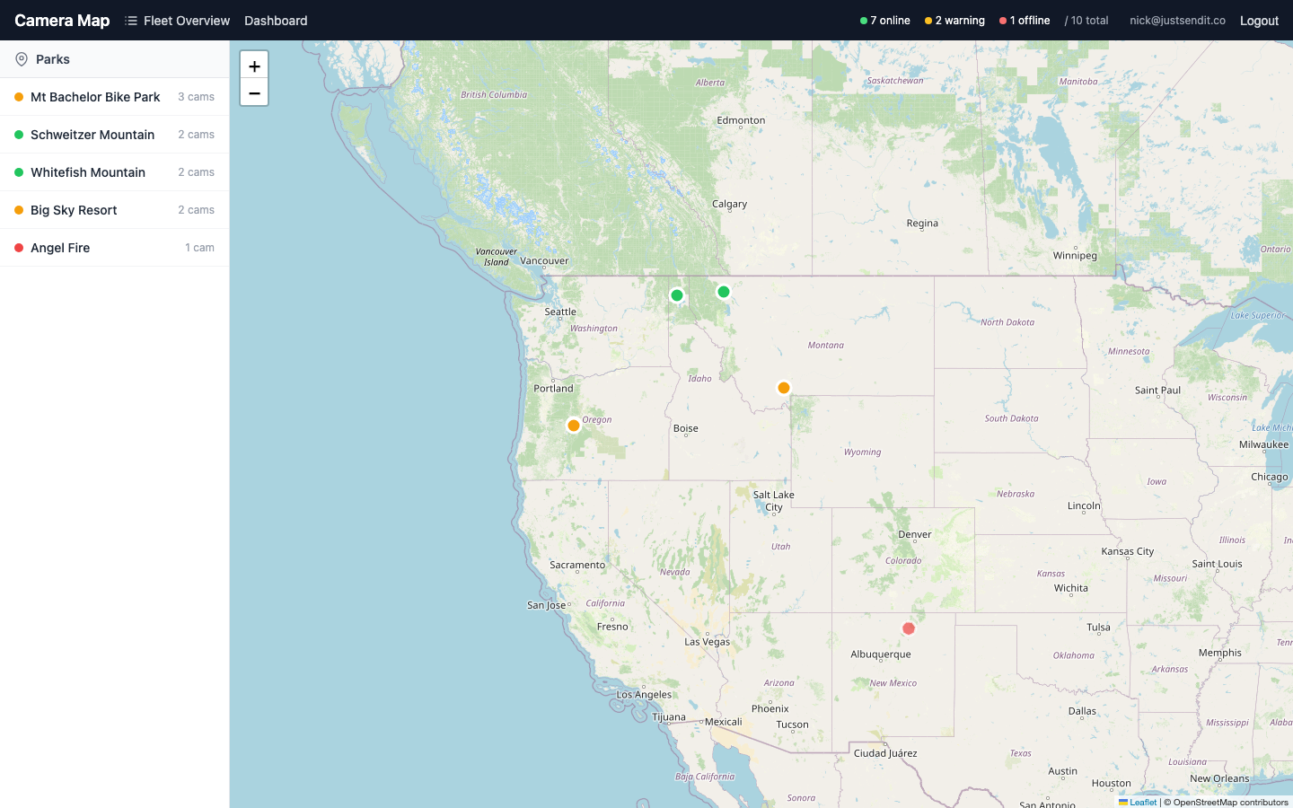 Live camera fleet map with status indicators