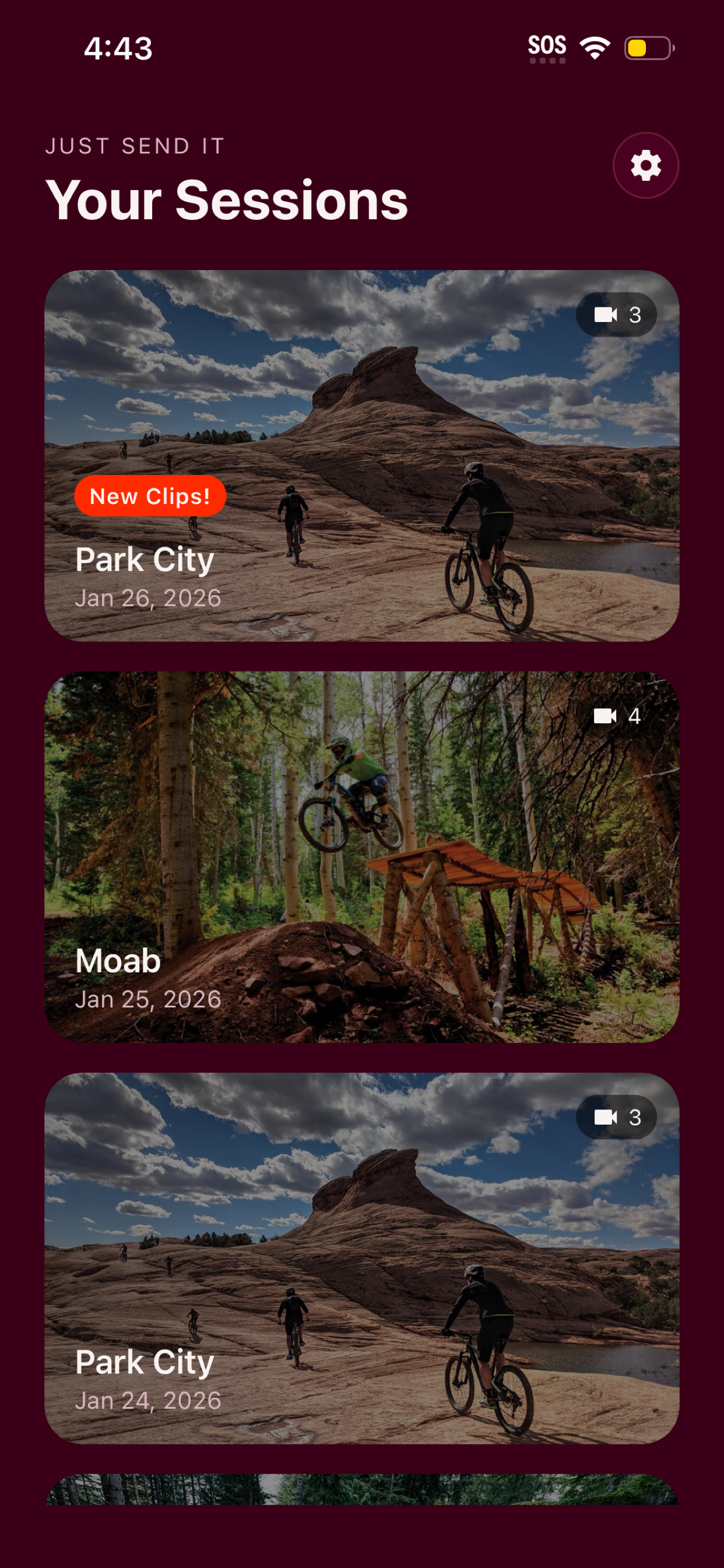 Just Send It app showing your sessions